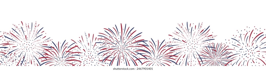 Seamless horizontal Fireworks background  in red, blue and white colours for US Independence Day, Bastille Day, 4th of July. Vector seamless border Isolated on white. For digital paper, cards, banner