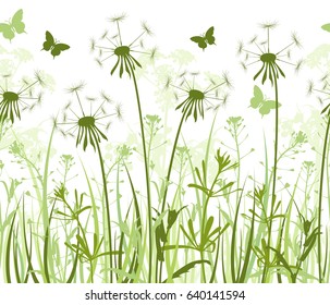 Seamless horizontal floral background with green grass, dandelions and butterflies