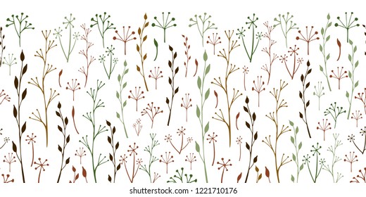 Seamless horizontal floral border, banner with flowers, trees, leaves in green shades. Seamless texture. Vector.