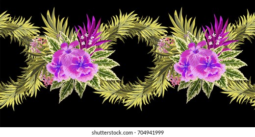 Seamless horizontal floral border with exotic flowers and leaves. Hand-drawn pattern on black background. Design element for cards, invitations, wedding, congratulations.