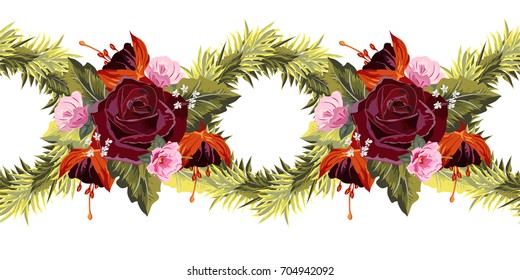 Seamless horizontal floral border with exotic flowers and leaves. Hand-drawn pattern on white background. Design element for cards, invitations, wedding, congratulations.