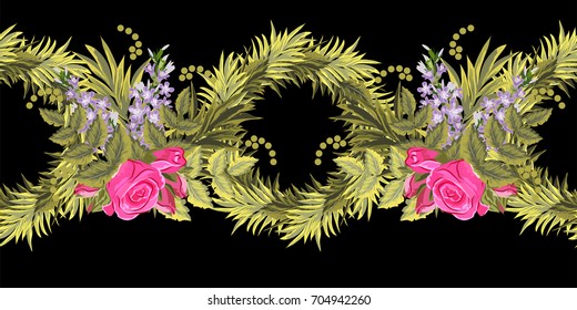 Seamless horizontal floral border with exotic flowers and leaves. Hand-drawn pattern on black background. Design element for cards, invitations, wedding, congratulations.