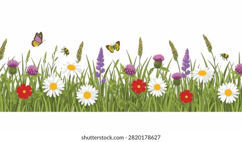 Seamless horizontal floral border with white daisies, red cosmos, purple thistles, and lavender stalks in green meadow grass with bees and butterflies on a white background.