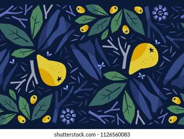 Seamless horizontal floral border with yellow pears. Hand-drawn vector Illustration