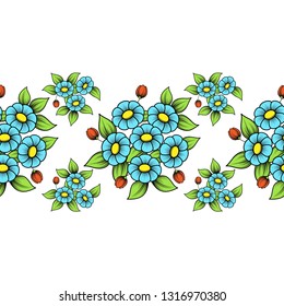 Seamless horizontal floral color pattern isolated on white background