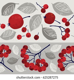 Seamless horizontal floral pattern with apples, foliage and rowan berries. Vector illustration. Hand drawn texture