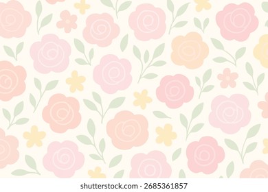 A seamless horizontal floral pattern featuring pastel roses with soft and cute tones, perfect for backgrounds, textiles, and digital use.