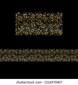 Seamless horizontal flower pattern golden color isolated on black background