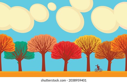 Seamless horizontal frieze with colorful autumn trees and a passing cyclist against a blue sky with clouds. A repeating vector illustration on a fall theme in a cartoon style