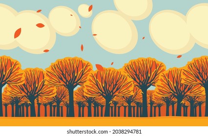 Seamless horizontal frieze with yellowed autumn trees against a blue sky with clouds. A repeating vector illustration with fall forest in a cartoon style