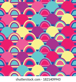 Seamless Horizontal Geometric  Colored Rainbow Waves Light Blue Background Vector Pattern