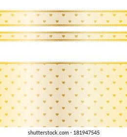 Seamless horizontal golden lace borders with hearts on white background. Tapes of different width.