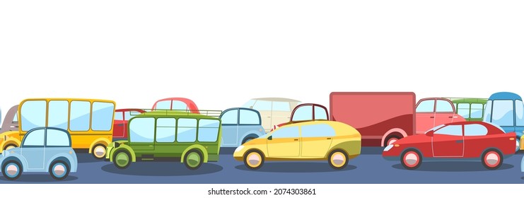 Seamless horizontal Heavy traffic on asphalt road. Cartoon childrens illustration. Different cars in comic style. Isolated on white background. Vector.