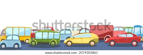 Seamless horizontal Heavy traffic on\
asphalt road. Cartoon childrens illustration. Different cars in\
comic style. Isolated on white background.\
Vector.
