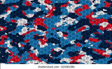 Seamless horizontal hexagonal blue red and white camouflage military fashion pattern vector