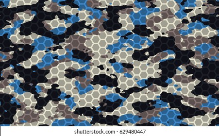 Seamless horizontal hi-tech hexagonal grid military fashion beige blue and black camouflage pattern vector