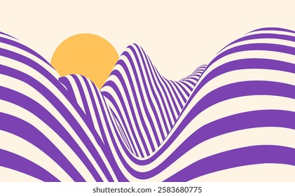 Seamless horizontal illustration. Abstract wavy mountain landscape with bold purple and beige stripes, featuring a golden sun in the background. Optical illusion effect with fluid motion