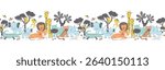 A seamless horizontal isolated border pattern with cute, hand-drawn safari animals like lions and giraffes. Vector illustration for kids decor or related design projects.