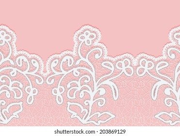 Seamless horizontal lace border with flowers. White lace on a pink background. Vector illustration.