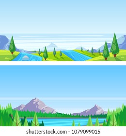 Seamless horizontal landscape background. Vector illustration of mountains, hills, meadows, lake and river. Travel, outdoor hiking concept.