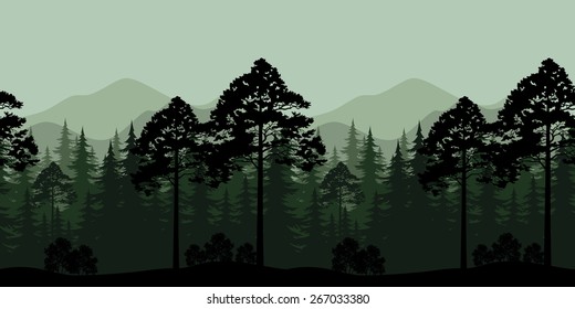 Seamless Horizontal Landscape, Evening Forest with Spruce Trees Silhouettes and Mountains. Vector