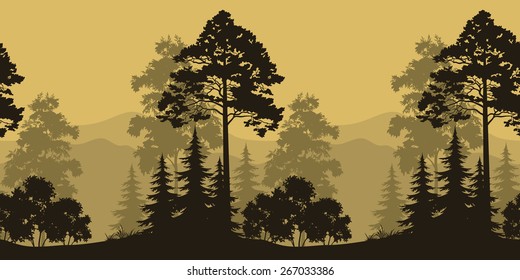Seamless Horizontal Landscape, Evening Forest with Spruce Trees Silhouettes and Mountains. Vector