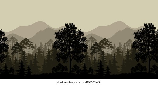 Seamless Horizontal Landscape, Evening Forest with Trees Silhouettes and Mountains. Vector