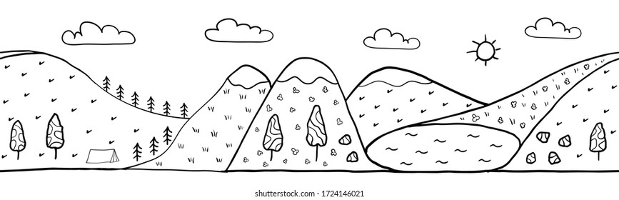 Seamless horizontal landscape mountain and lake nature ready for footer or header web site or landing page design. Set of vector illustration doodle black and white isolated on white background