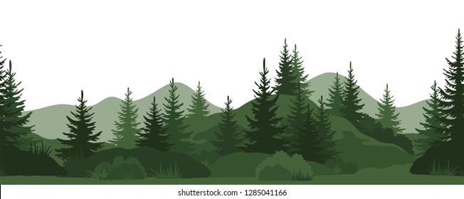 Seamless Horizontal Landscape, Summer Mountain Forest with Fir Trees, Bushes and Grass Green Silhouettes on White Background. Vector