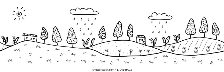 Seamless horizontal landscape valley and rolling hills nature ready for footer or header web site or landing page design. Set of vector illustration doodle black and white isolated on white background