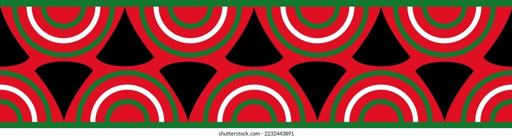 Seamless horizontal  line pattern african traditional style. Geometric elements. African colors - black,green,red. For template by celebration Kwanzaa, black history month. Aspect ratio 1x4.