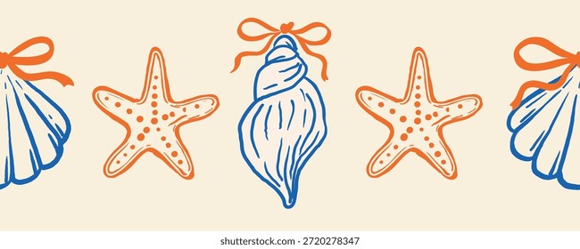 Seamless horizontal marine border with alternating starfish and seashells tied with ribbons in orange and blue tones on a light background. Suitable for summer-themed designs and beach packaging.