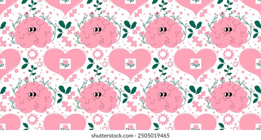 Seamless horizontal medical pattern with cartoon brain, heart. Mental health concept. Vector flat illustration