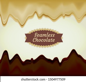 Seamless horizontal melted chocolate drips border set. Black and white chocolate. Vector illustration