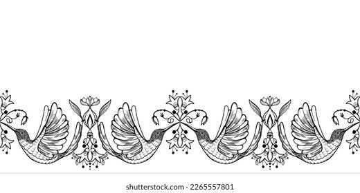 Seamless horizontal module pattern with colibri and flower 2000x1000. Black and white outline picture. For cover, textile. Black ink style.