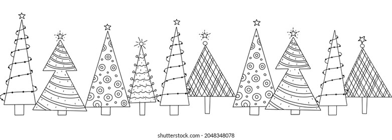 Seamless horizontal New Year's Eve pattern of stylized decorated Christmas trees. Vector holiday background for packaging, paper and textile products