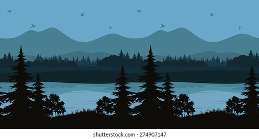 Seamless Horizontal Night Forest Landscape, Trees on the Shore of a Mountain Lake and Birds in the Sky, Black and Blue Silhouettes. Vector