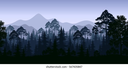 Seamless Horizontal Night Forest Landscape, Trees And Mountains Silhouettes. Vector