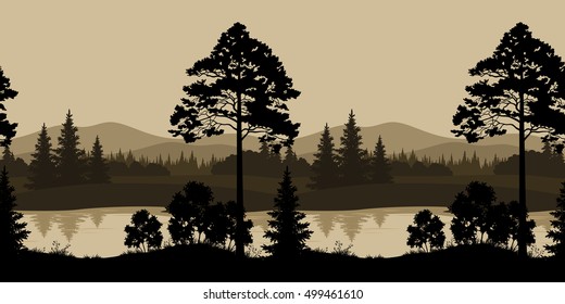 Seamless Horizontal Night Landscape, Trees, River and Mountains Silhouettes. Vector