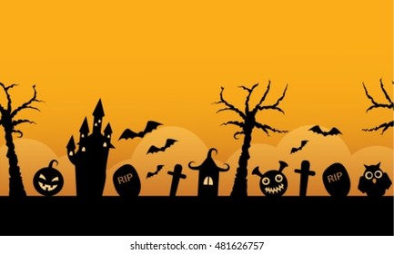 Seamless horizontal orange background with the symbols of the holiday Halloween