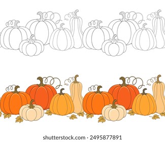 Seamless horizontal ornament of ripe whole pumpkins, multicolored and line vector border, decorative element for greeting card, banner and other decorations.