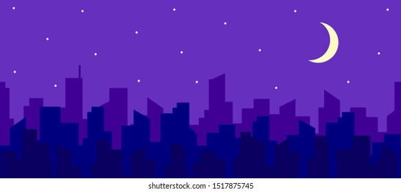 Seamless horizontal panorama of night cityscape with moon and stars. Silhouettes of skyscraper roofs. Vector endless illustration for breaking long banners or game locations.