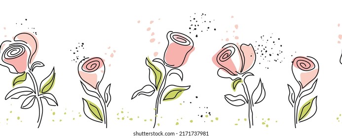 Patrón horizontal de flores abstractas, sin brillo, dibujado con un contorno negro. dibujar un dibujo de flores en una línea. ilustración del vector doodle aislada en fondo blanco.