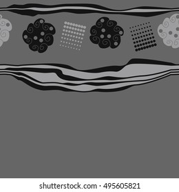 Seamless horizontal pattern of  abstract motifs, stripes, halftone.