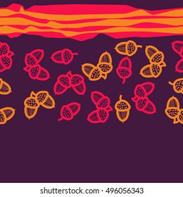 Seamless horizontal pattern of  acorns, stripes. Hand drawn.