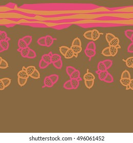 Seamless horizontal pattern of  acorns, stripes. Hand drawn.