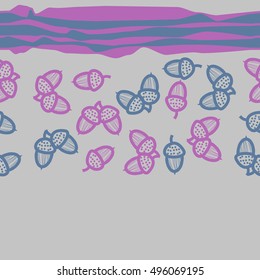 Seamless horizontal pattern of  acorns, stripes. Hand drawn.
