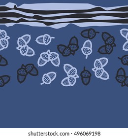 Seamless horizontal pattern of  acorns, stripes. Hand drawn.
