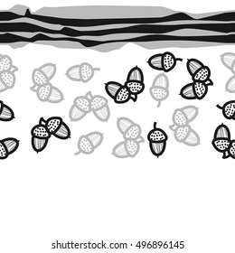 Seamless horizontal pattern of  acorns, stripes. Hand drawn.