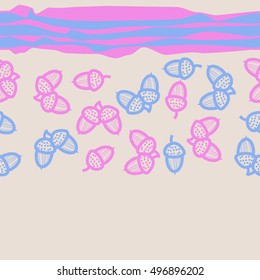 Seamless horizontal pattern of  acorns, stripes. Hand drawn.